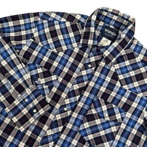 VTG Wrangler Shirt Blue Pearl Snaps Western Overshirt Top HTF Large Tall LT‎